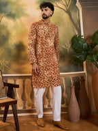 Men Brown Pure Cotton Batik Embroidered Straight Kurta with Trouser-MKSET1461