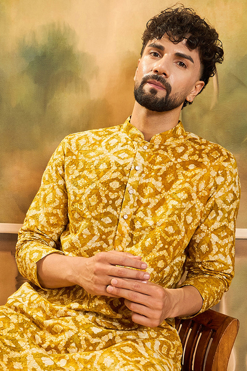 Yellow Cotton Batik Solid Embroidered Straight Kurta MKU1462
