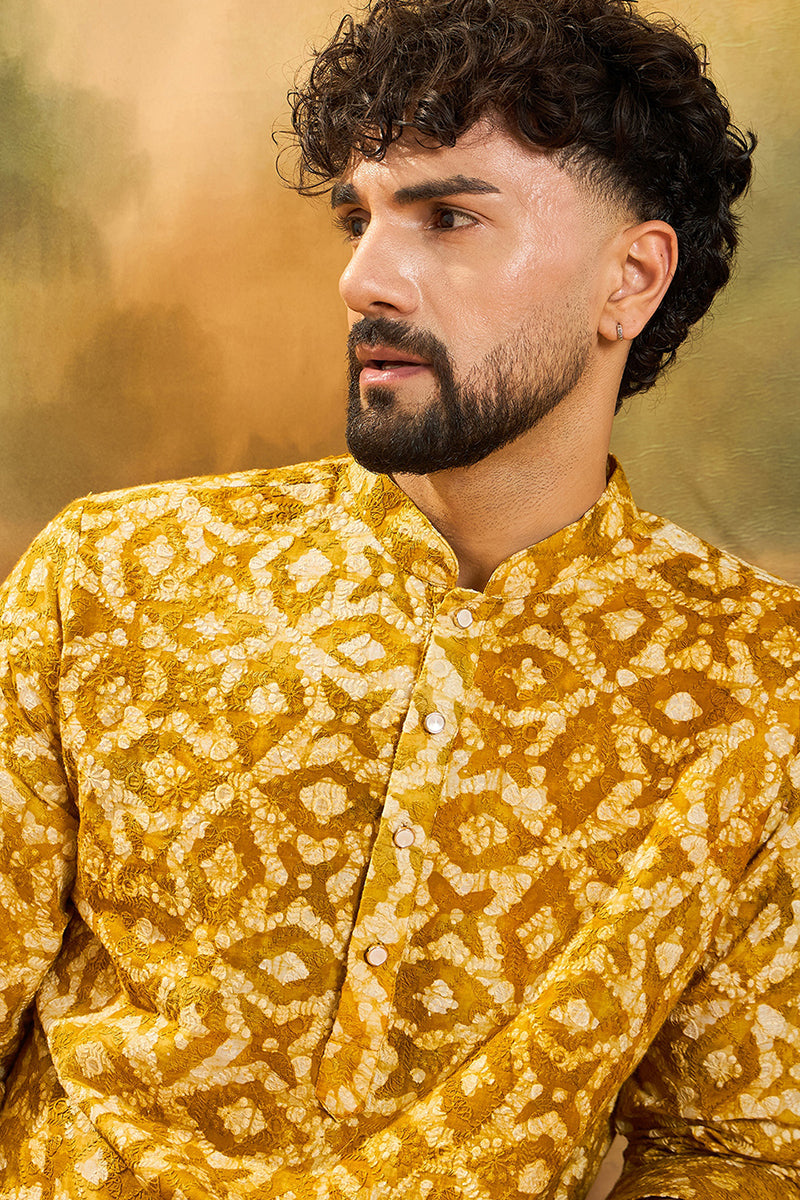 Yellow Cotton Batik Solid Embroidered Straight Kurta MKU1462