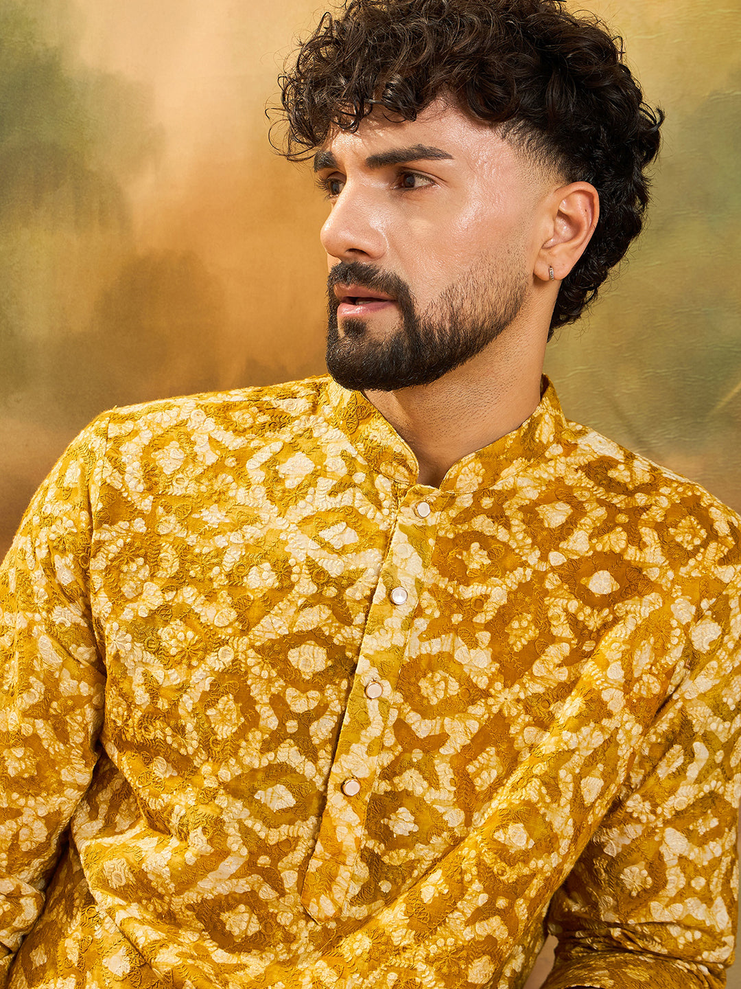 Men Yellow Pure Cotton Shibori Embroidered Straight Kurta with Trouser-MKSET1462