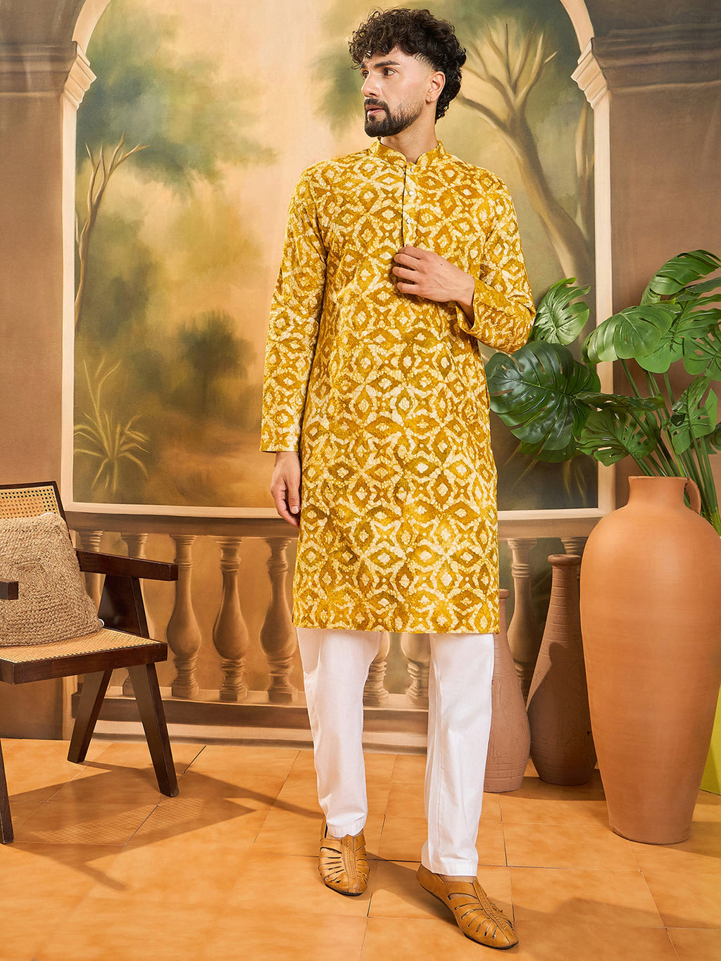 Men Yellow Pure Cotton Shibori Embroidered Straight Kurta with Trouser-MKSET1462
