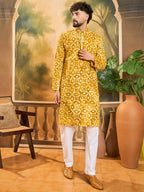 Men Yellow Pure Cotton Shibori Embroidered Straight Kurta with Trouser-MKSET1462