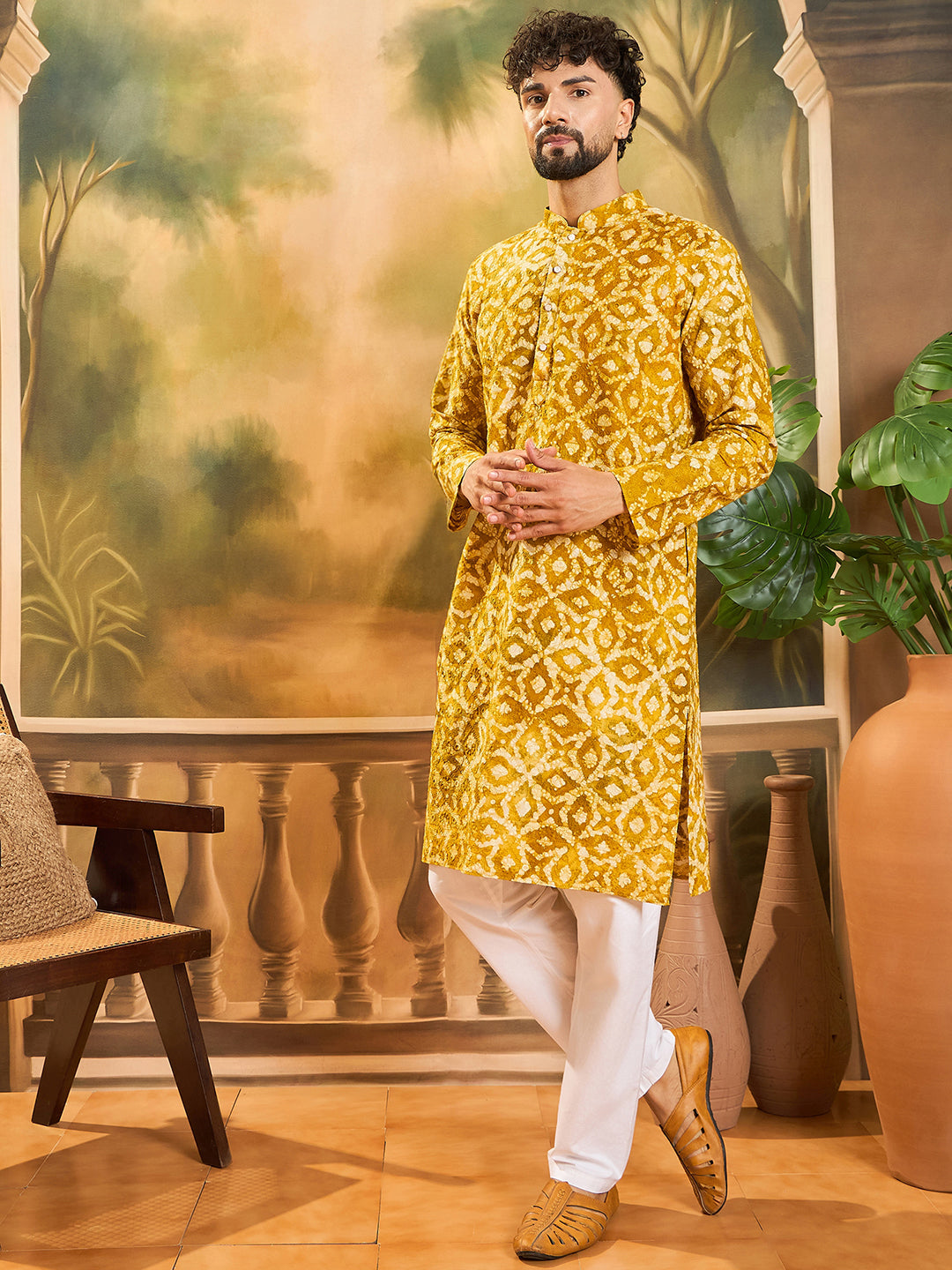 Men Yellow Pure Cotton Shibori Embroidered Straight Kurta with Trouser-MKSET1462