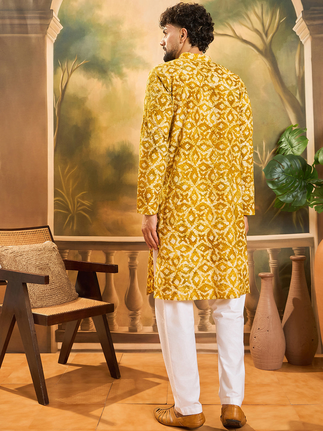 Men Yellow Pure Cotton Shibori Embroidered Straight Kurta with Trouser-MKSET1462