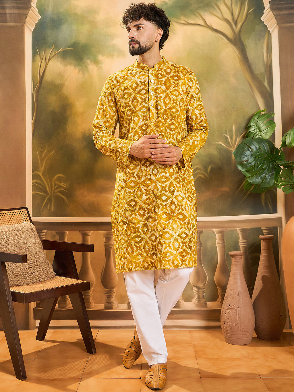 Men Yellow Pure Cotton Shibori Embroidered Straight Kurta with Trouser-MKSET1462