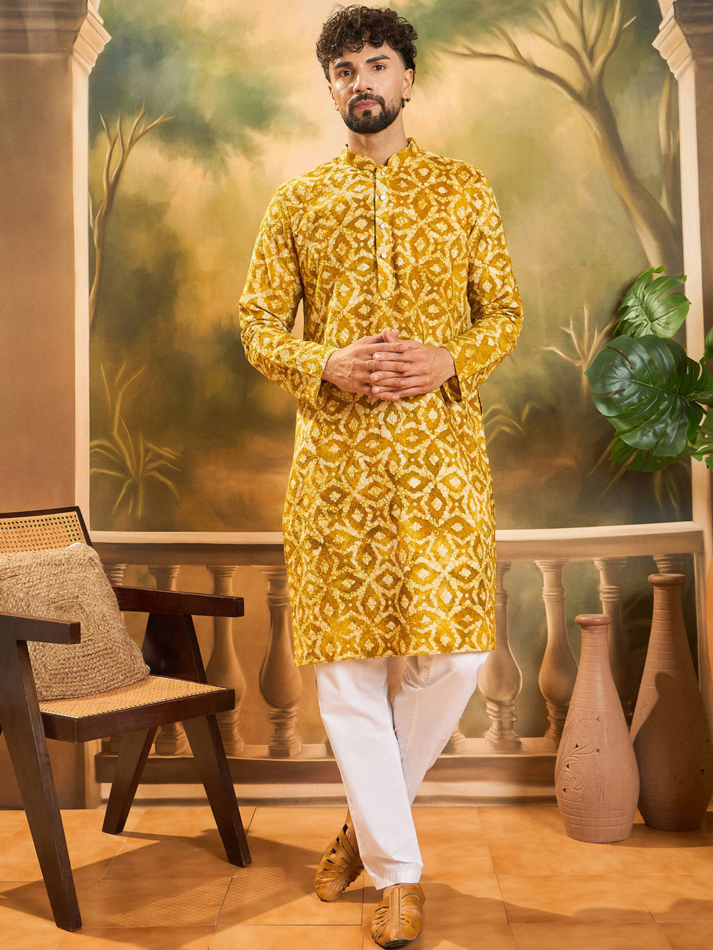 Men Yellow Pure Cotton Shibori Embroidered Straight Kurta with Trouser-MKSET1462