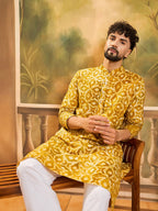 Men Yellow Pure Cotton Shibori Embroidered Straight Kurta with Trouser-MKSET1462