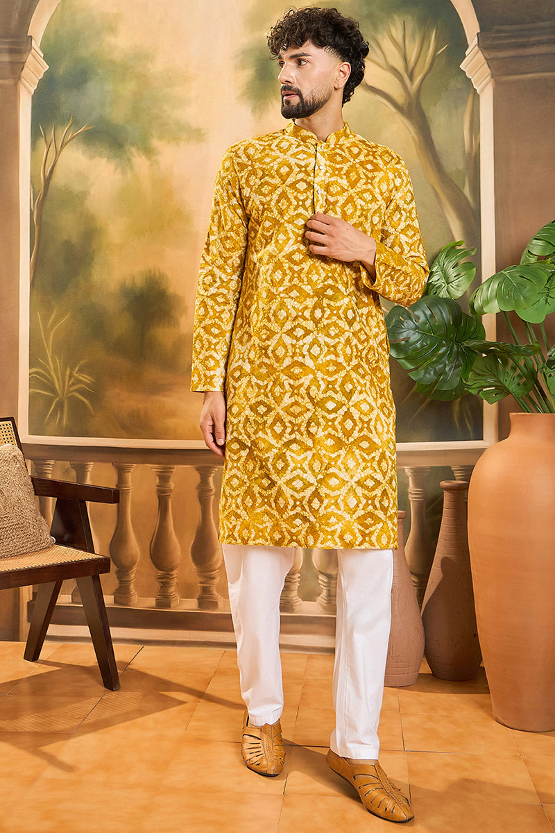 Yellow Cotton Batik Solid Embroidered Straight Kurta MKU1462