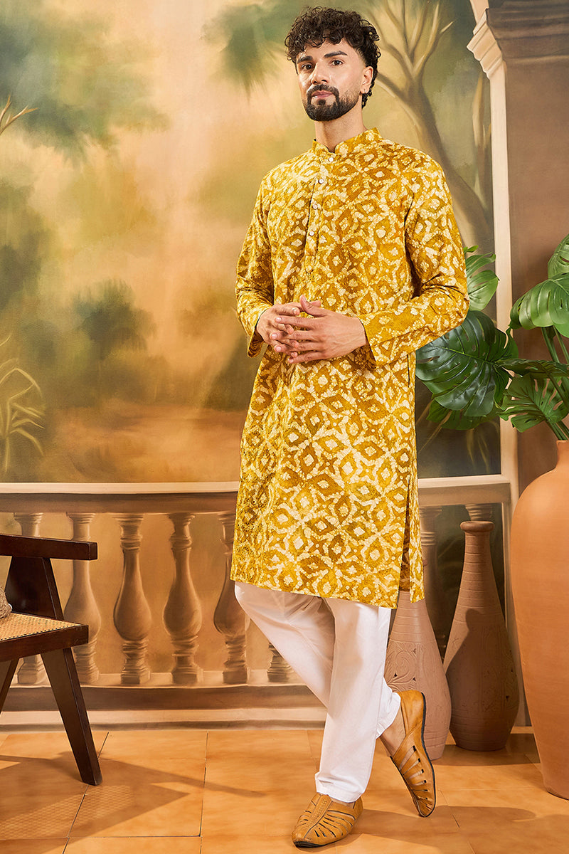 Yellow Cotton Batik Solid Embroidered Straight Kurta MKU1462