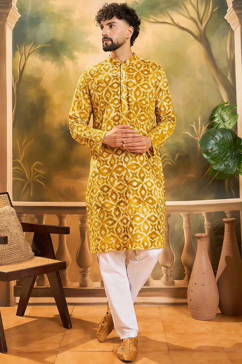 Yellow Cotton Batik Solid Embroidered Straight Kurta MKU1462