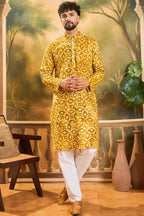 Yellow Cotton Batik Solid Embroidered Straight Kurta MKU1462