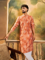 Men Orange Silk Blend Batik Embroidered Straight Kurta with Trouser-MKSET1463