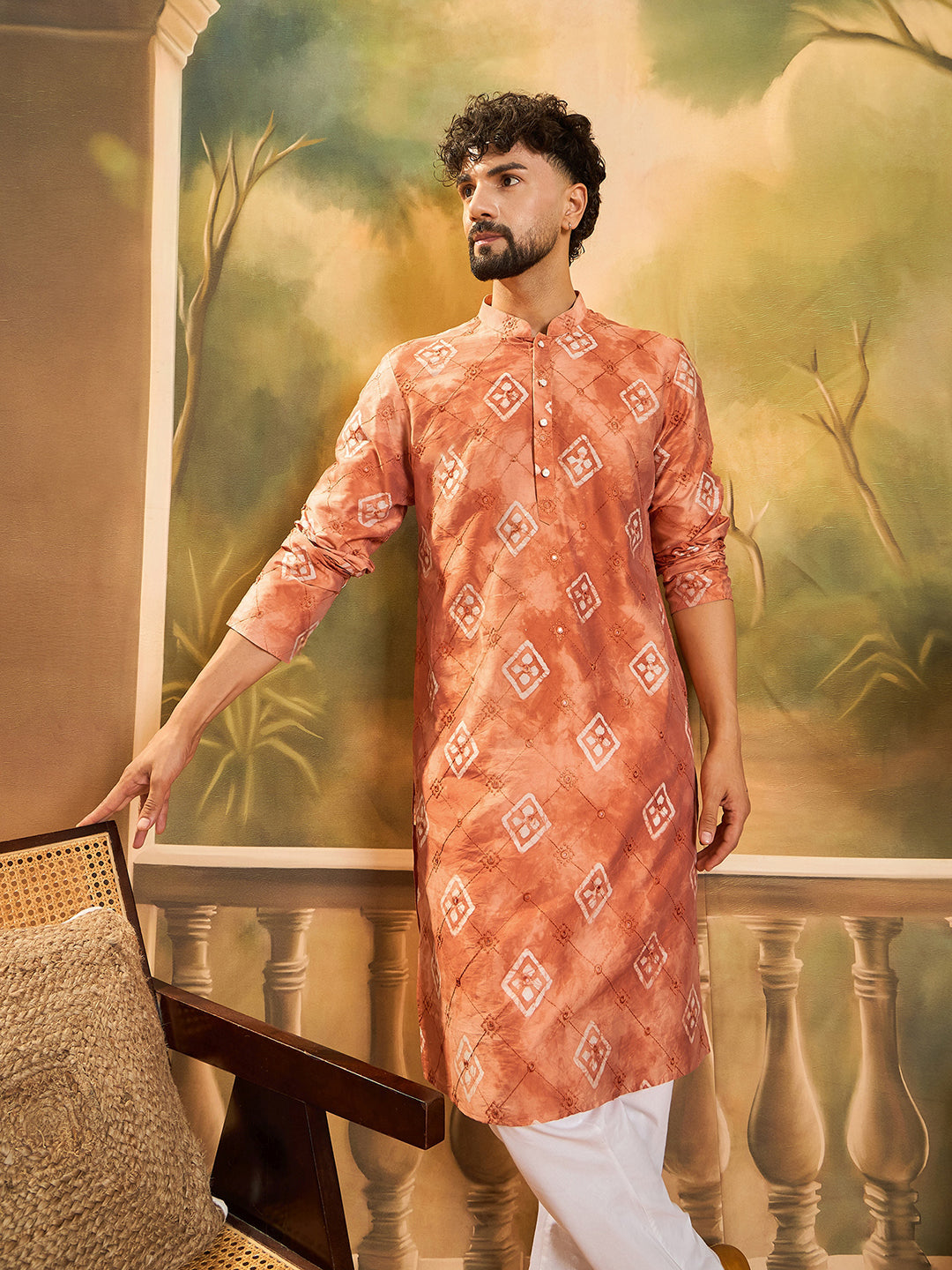 Men Orange Silk Blend Batik Embroidered Straight Kurta with Trouser-MKSET1463