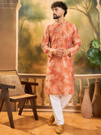 Men Orange Silk Blend Batik Embroidered Straight Kurta with Trouser-MKSET1463