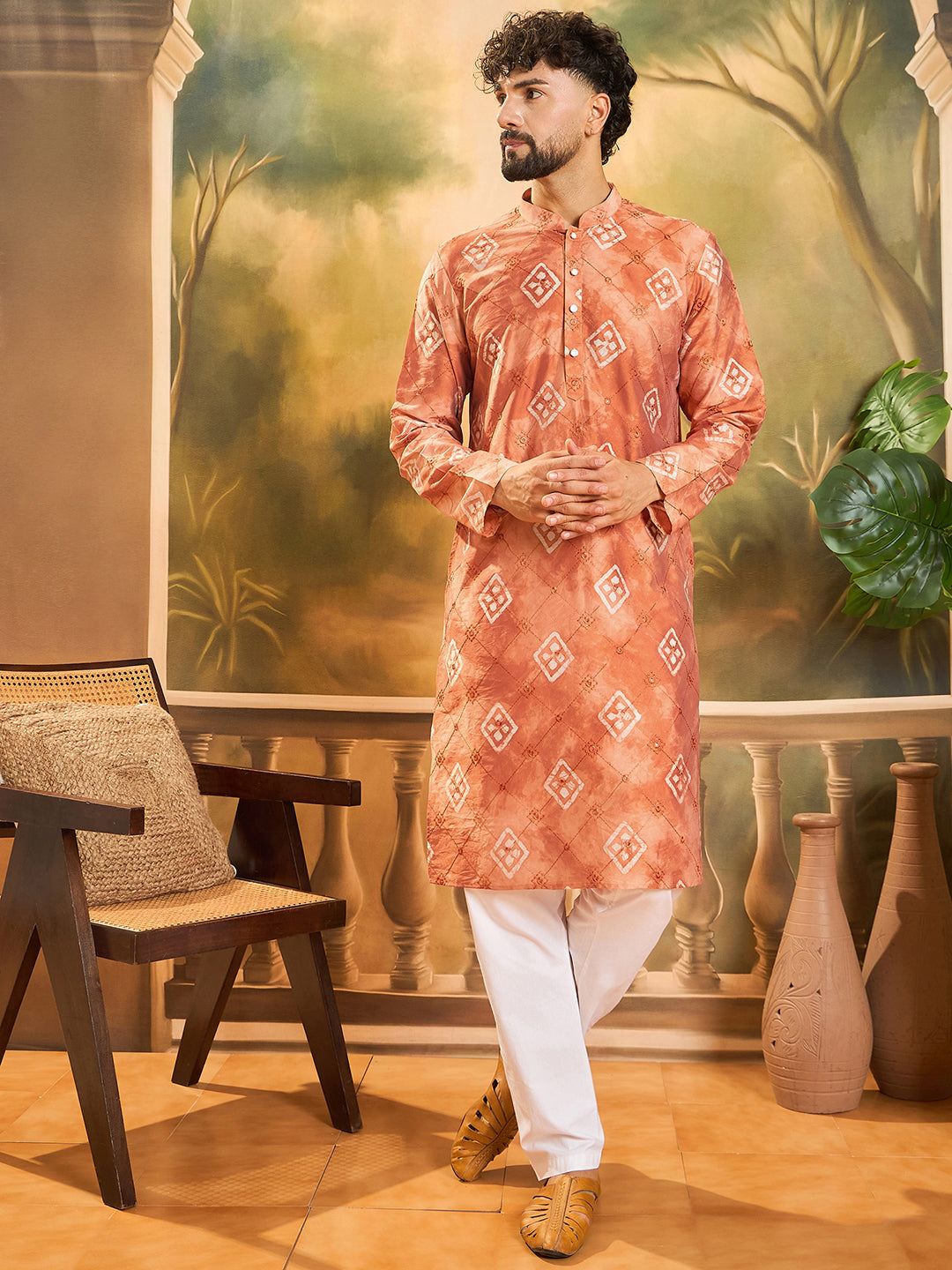 Men Orange Silk Blend Batik Embroidered Straight Kurta with Trouser-MKSET1463