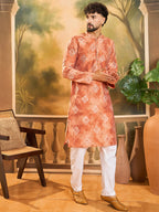 Men Orange Silk Blend Batik Embroidered Straight Kurta with Trouser-MKSET1463