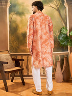 Men Orange Silk Blend Batik Embroidered Straight Kurta with Trouser-MKSET1463