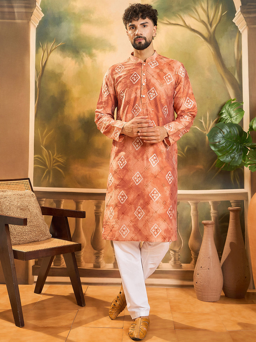 Men Orange Silk Blend Batik Embroidered Straight Kurta with Trouser-MKSET1463