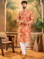 Men Orange Silk Blend Batik Embroidered Straight Kurta with Trouser-MKSET1463