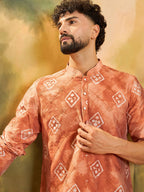 Men Orange Silk Blend Batik Embroidered Straight Kurta with Trouser-MKSET1463