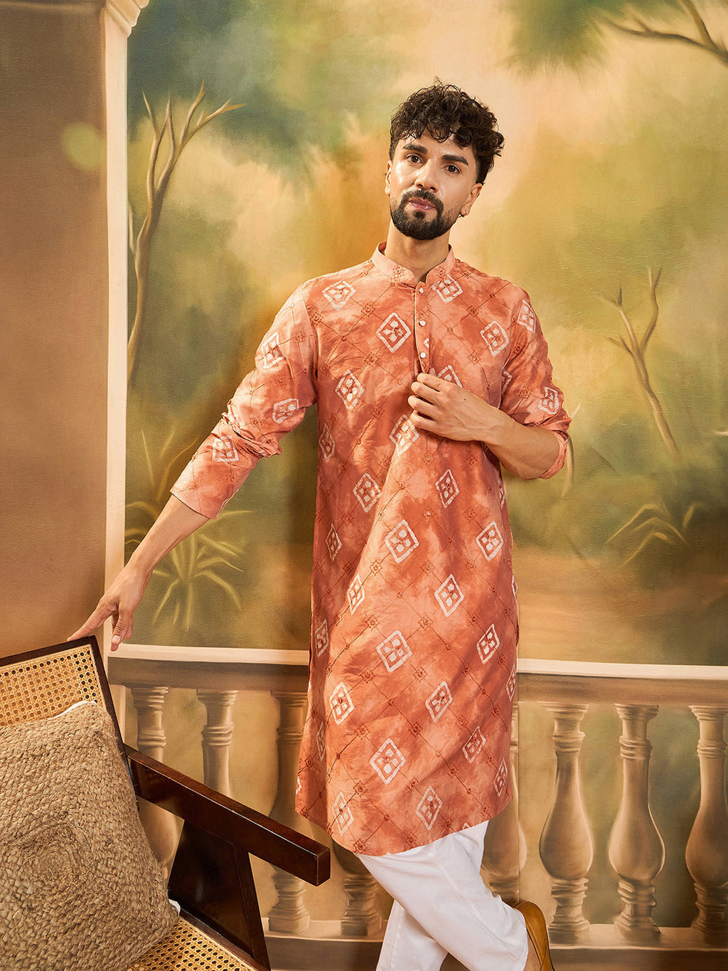 Men Orange Silk Blend Batik Embroidered Straight Kurta with Trouser-MKSET1463