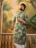 Men Green Silk Blend Batik Embroidered Straight Kurta with Trouser-MKSET1464
