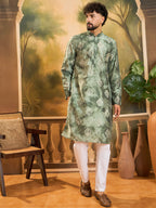 Men Green Silk Blend Batik Embroidered Straight Kurta with Trouser-MKSET1464