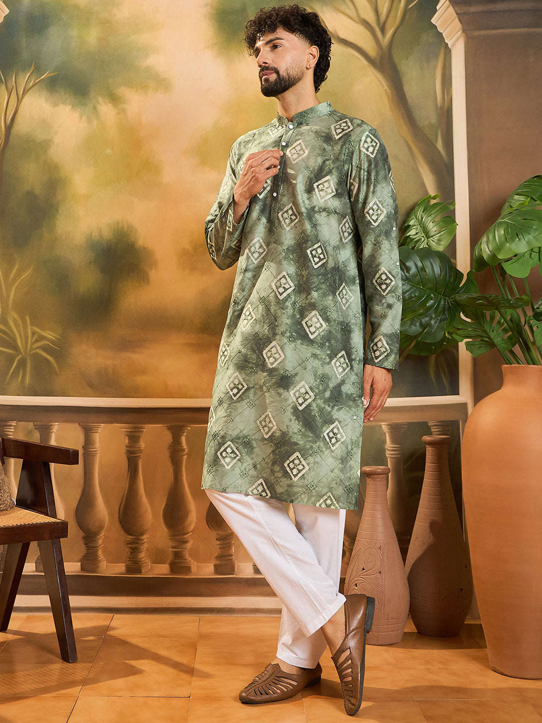 Men Green Silk Blend Batik Embroidered Straight Kurta with Trouser-MKSET1464