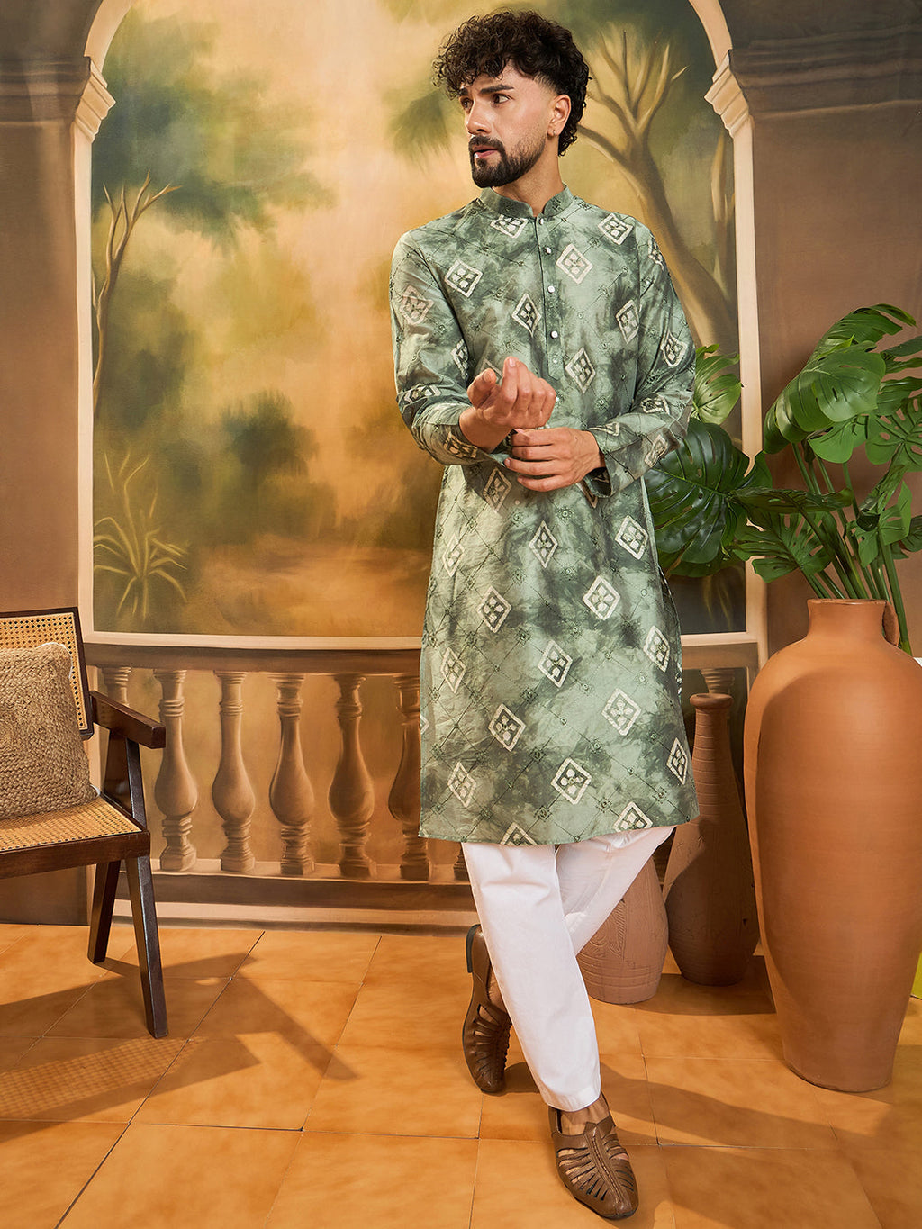 Men Green Silk Blend Batik Embroidered Straight Kurta with Trouser-MKSET1464