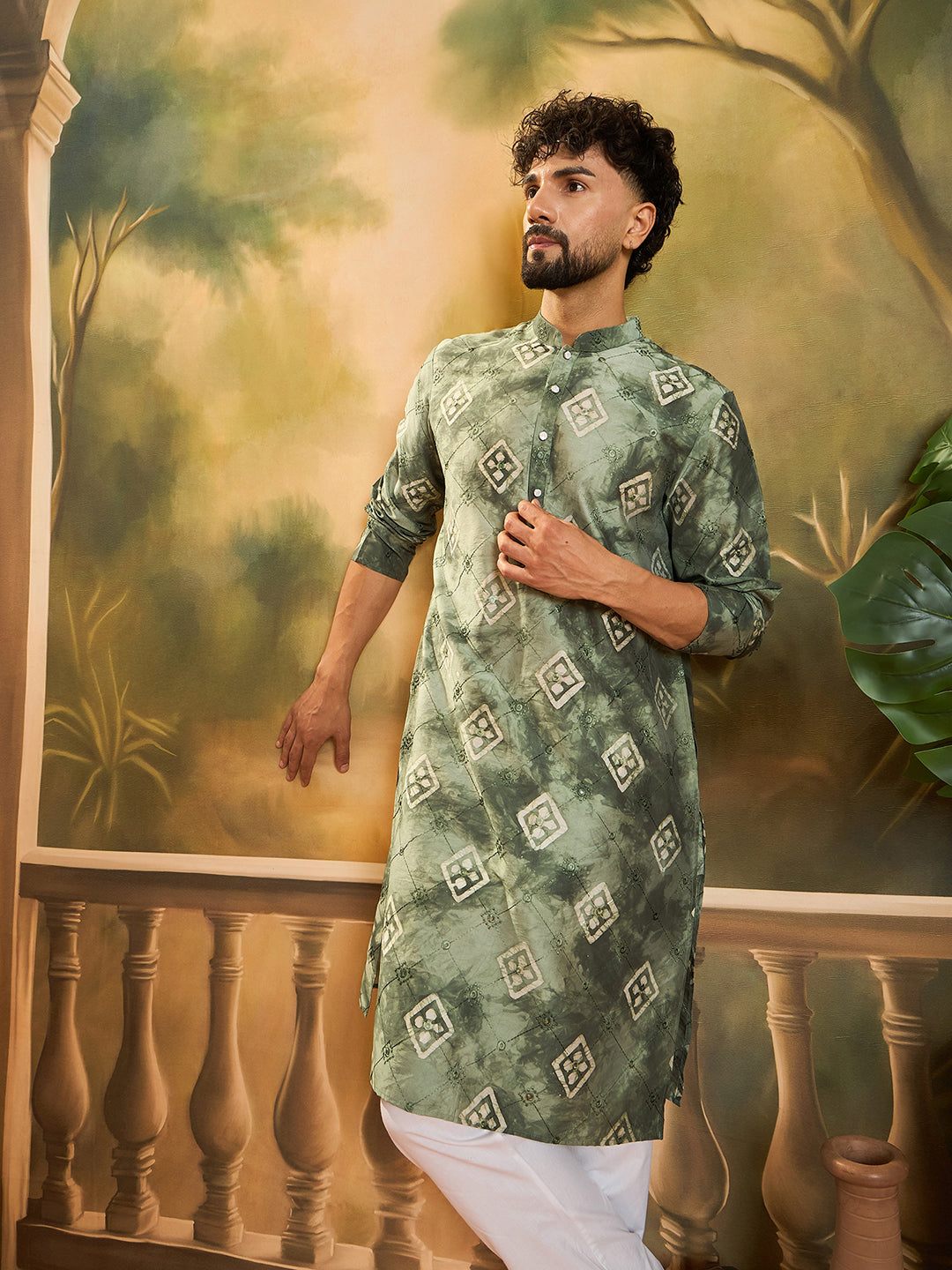 Men Green Silk Blend Batik Embroidered Straight Kurta with Trouser-MKSET1464