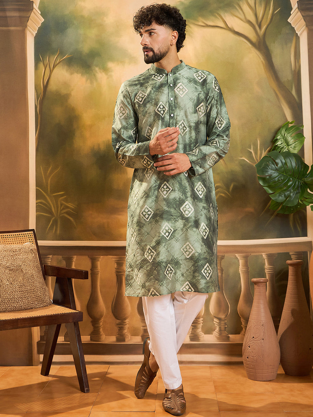 Men Green Silk Blend Batik Embroidered Straight Kurta with Trouser-MKSET1464