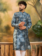 Men Blue Silk Blend Batik Embroidered Straight Kurta with Trouser-MKSET1465
