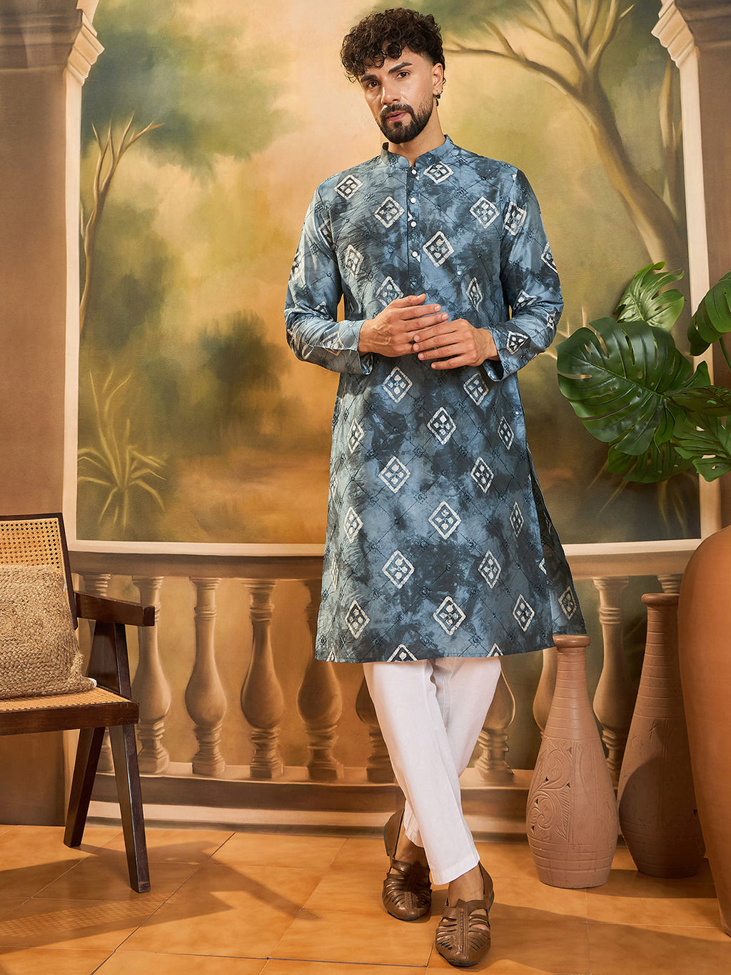Men Blue Silk Blend Batik Embroidered Straight Kurta with Trouser-MKSET1465
