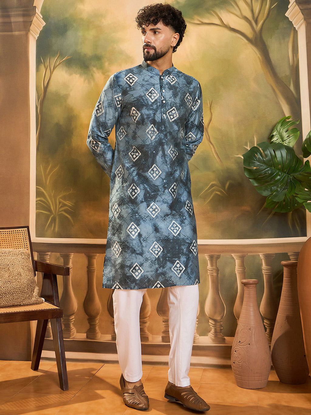 Men Blue Silk Blend Batik Embroidered Straight Kurta with Trouser-MKSET1465