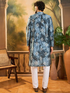 Men Blue Silk Blend Batik Embroidered Straight Kurta with Trouser-MKSET1465