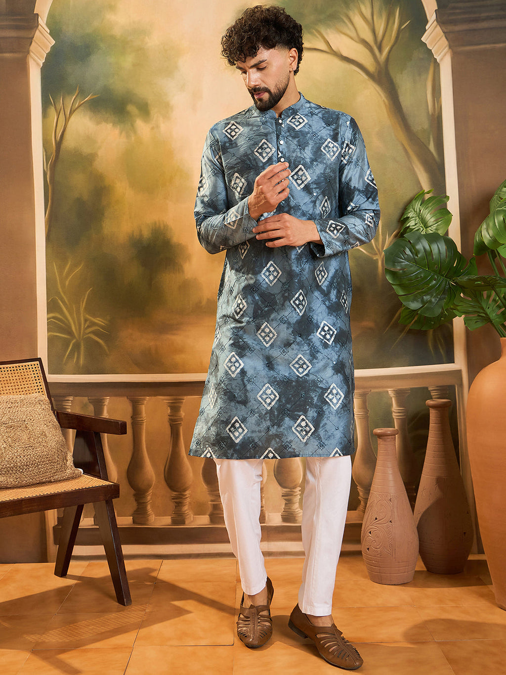 Men Blue Silk Blend Batik Embroidered Straight Kurta with Trouser-MKSET1465
