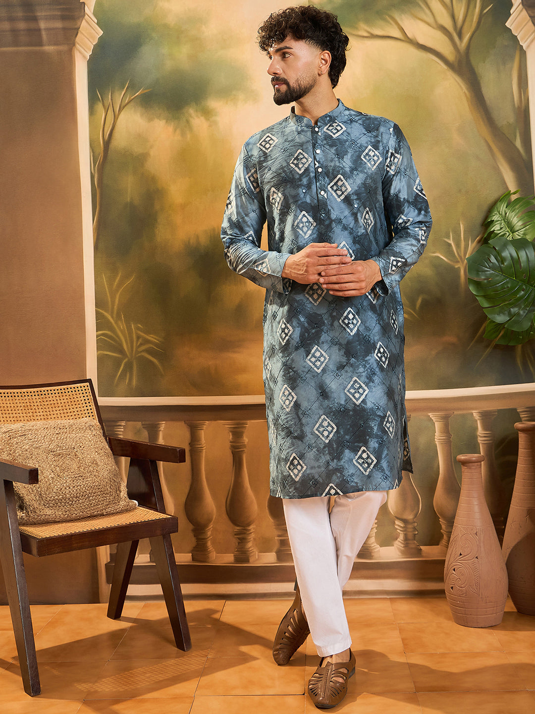 Men Blue Silk Blend Batik Embroidered Straight Kurta with Trouser-MKSET1465