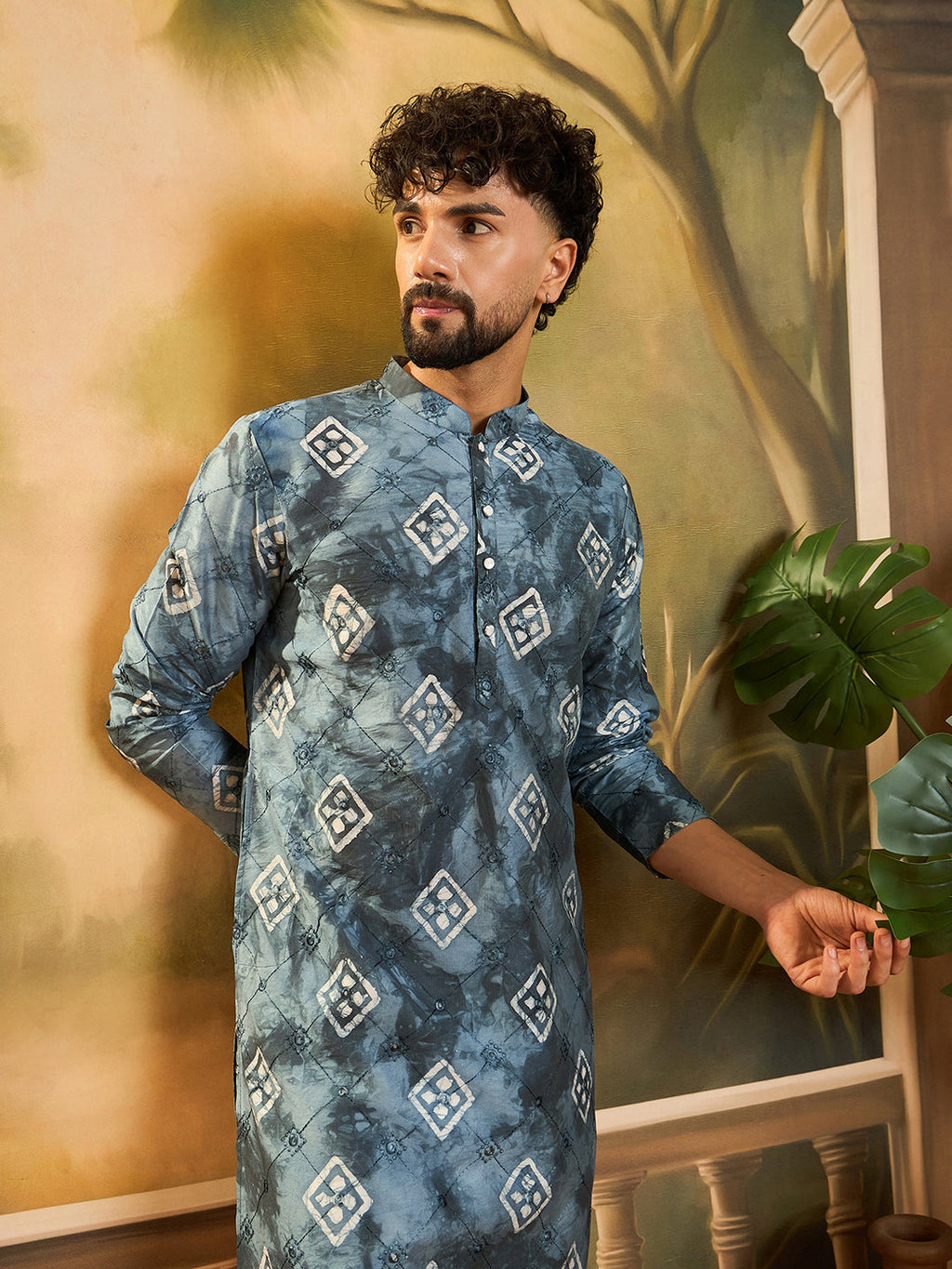 Men Blue Silk Blend Batik Embroidered Straight Kurta with Trouser-MKSET1465