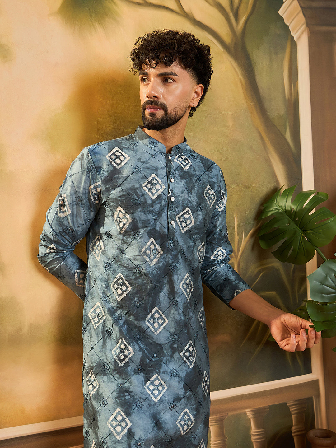 Men Blue Silk Blend Batik Embroidered Straight Kurta with Trouser-MKSET1465