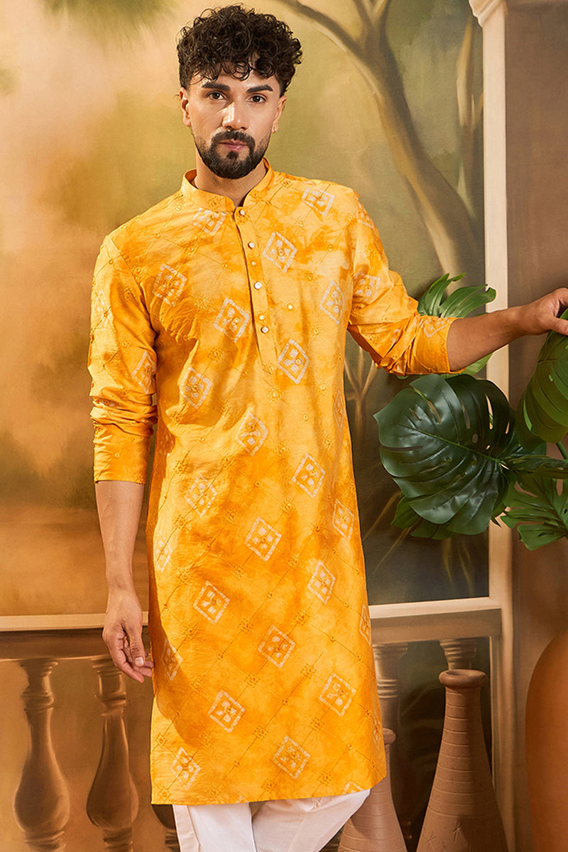 Yellow Silk Blend Embroidered Straight Kurta MKU1466