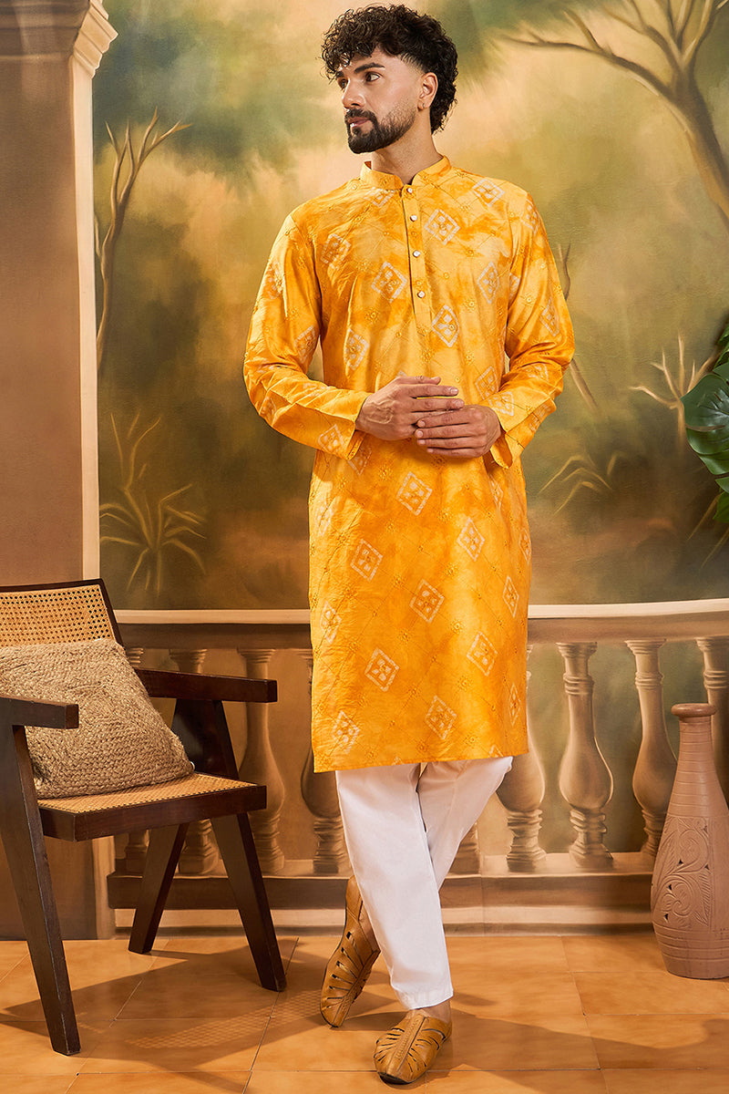 Yellow Silk Blend Embroidered Straight Kurta MKU1466
