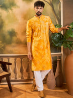 Men Orange Silk Blend Batik Embroidered Straight Kurta with Trouser-MKSET1466