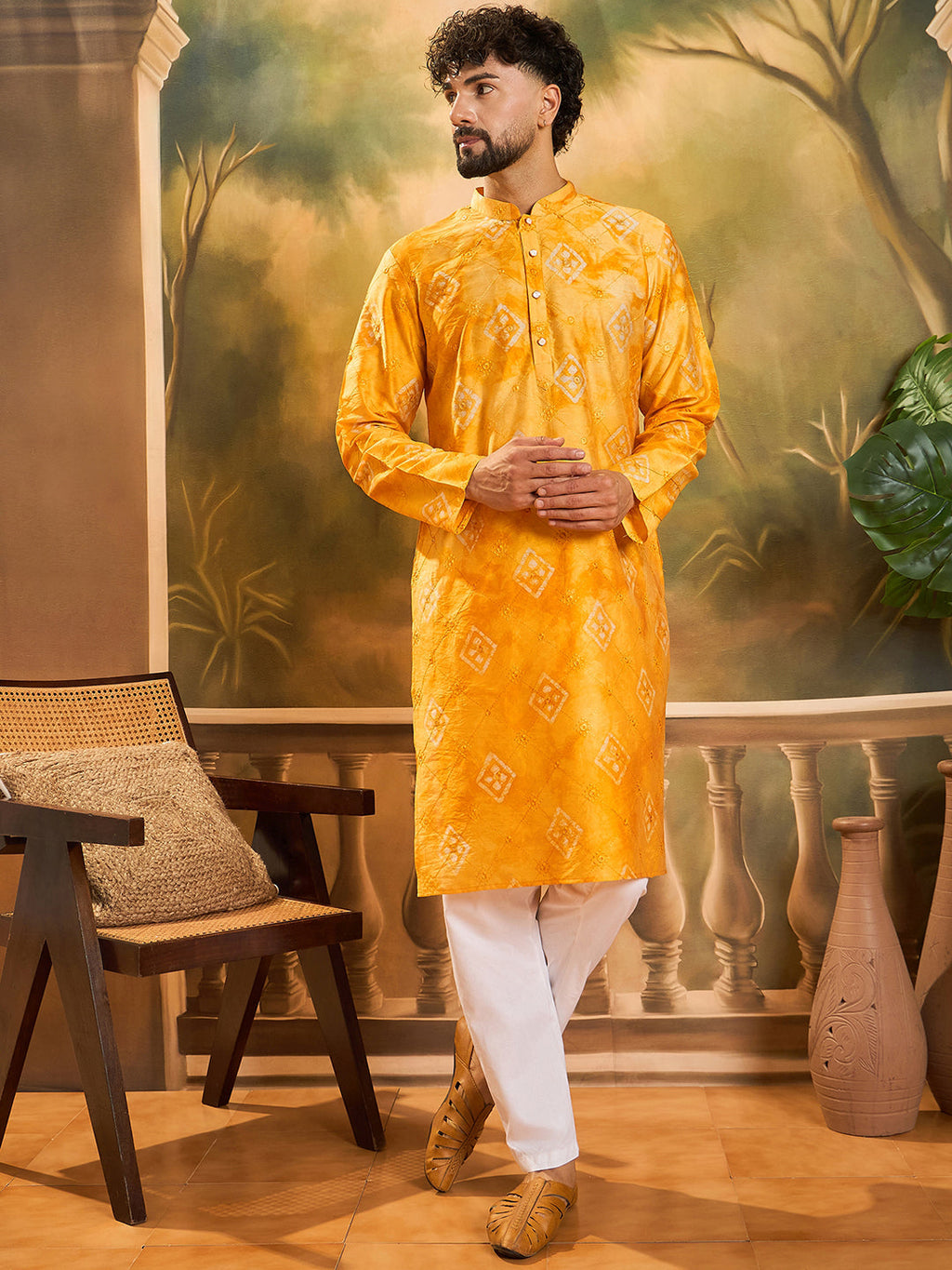 Men Orange Silk Blend Batik Embroidered Straight Kurta with Trouser-MKSET1466