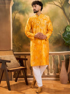Men Orange Silk Blend Batik Embroidered Straight Kurta with Trouser-MKSET1466