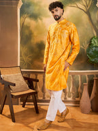 Men Orange Silk Blend Batik Embroidered Straight Kurta with Trouser-MKSET1466
