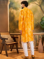 Men Orange Silk Blend Batik Embroidered Straight Kurta with Trouser-MKSET1466