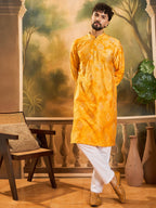 Men Orange Silk Blend Batik Embroidered Straight Kurta with Trouser-MKSET1466