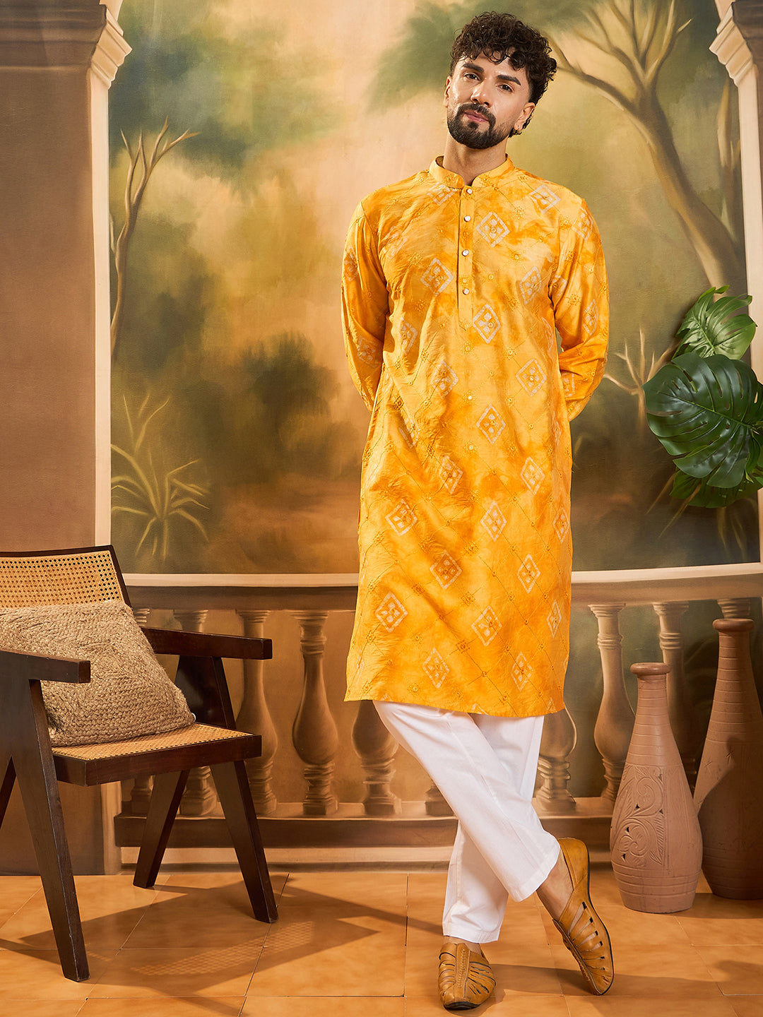 Men Orange Silk Blend Batik Embroidered Straight Kurta with Trouser-MKSET1466