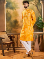 Men Orange Silk Blend Batik Embroidered Straight Kurta with Trouser-MKSET1466