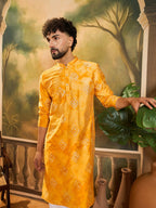 Men Orange Silk Blend Batik Embroidered Straight Kurta with Trouser-MKSET1466